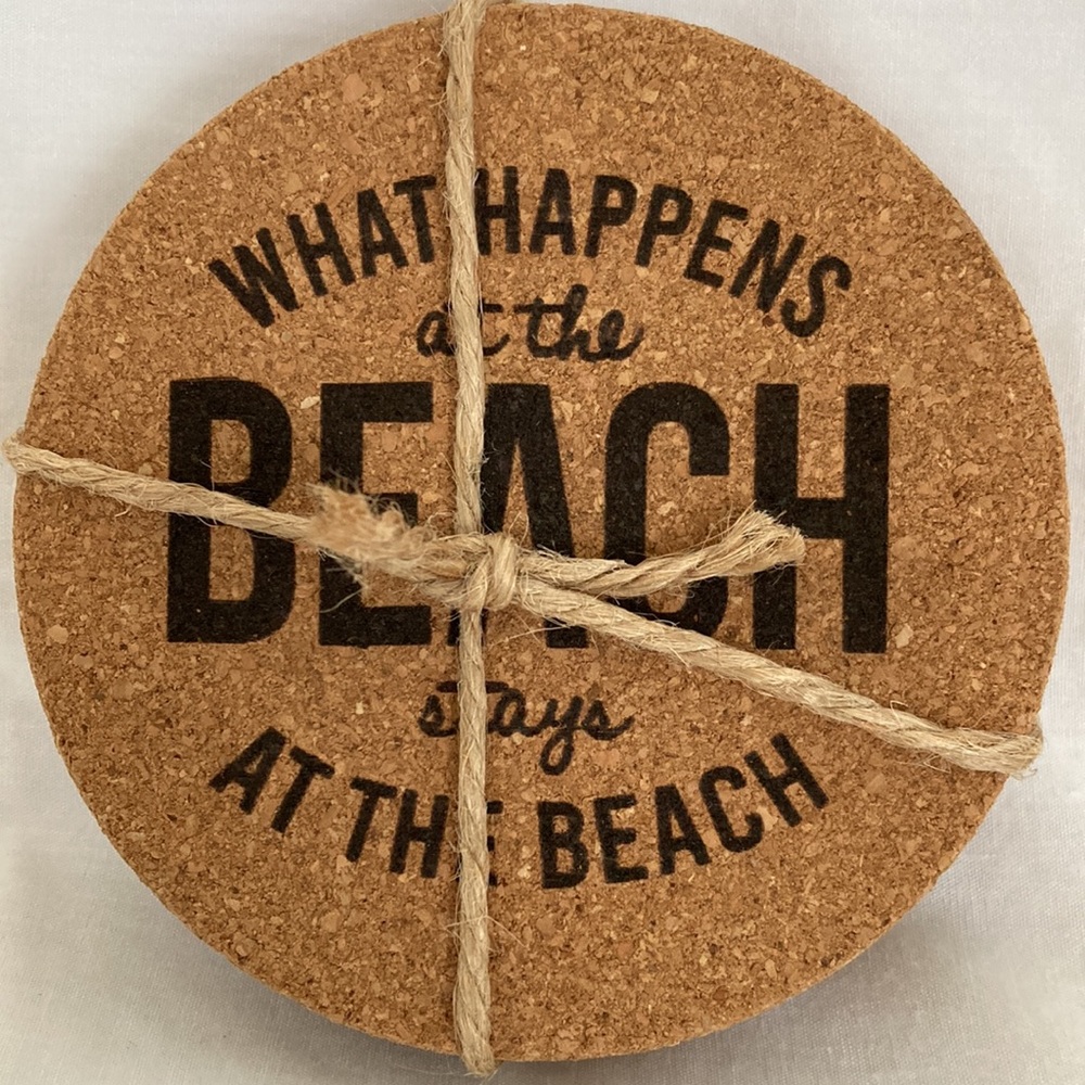 Swoozies Cork Coaster set of 4 “What Happens at The Beach Stays at The Beach NEW